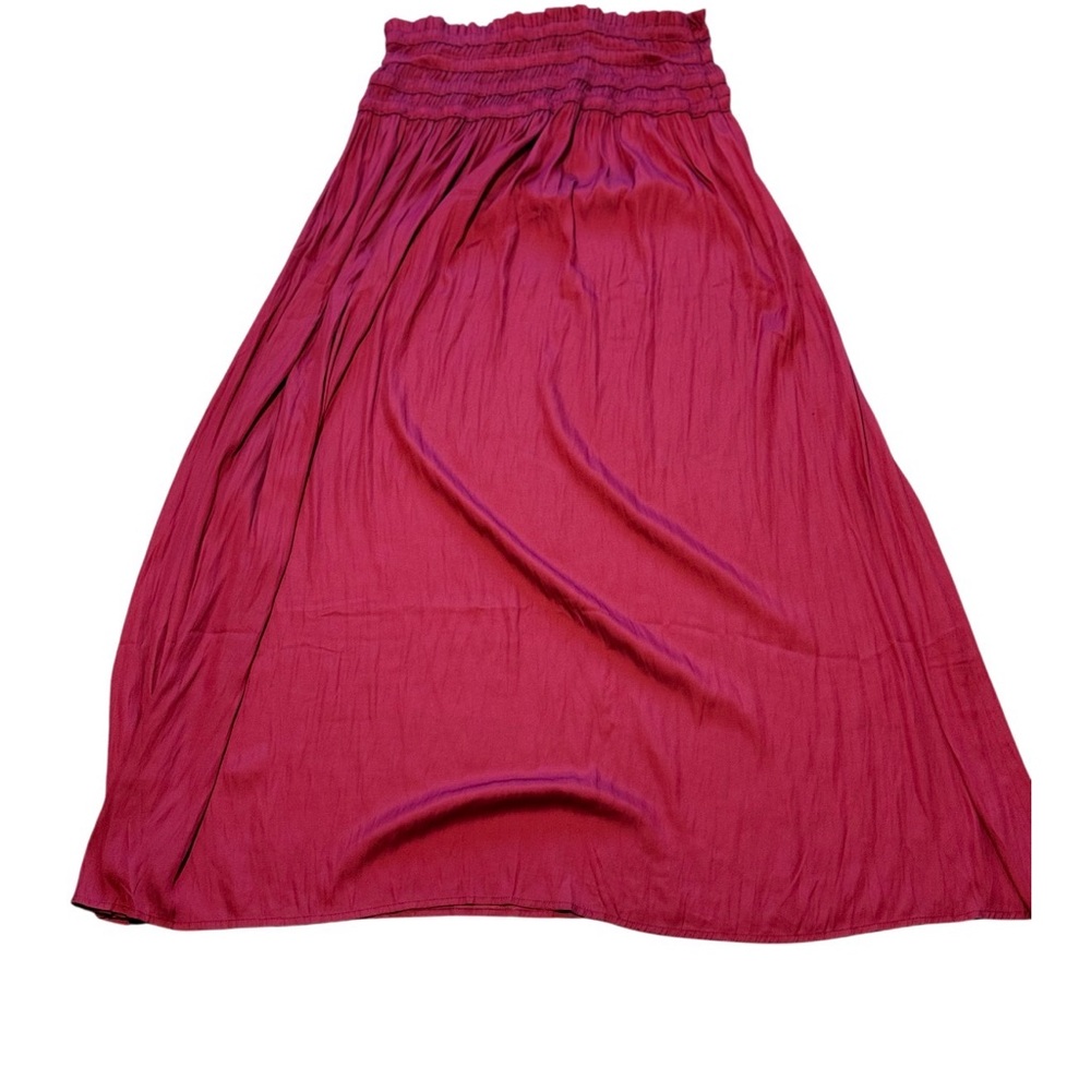 Kori Burgundy Satin Feel Maxi Skirt Size L Smocked Waist Flowy Boho